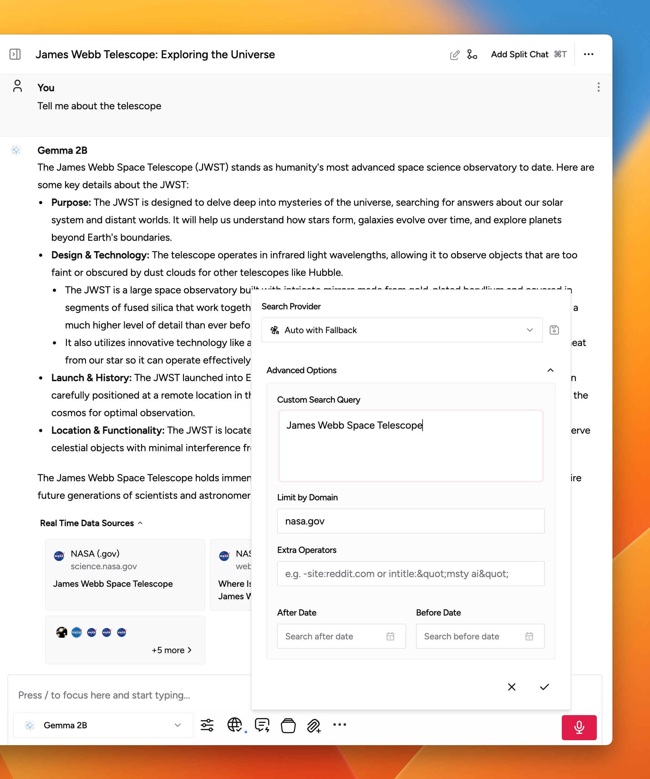 Search Provider and Advanced Options in Real-Time Data